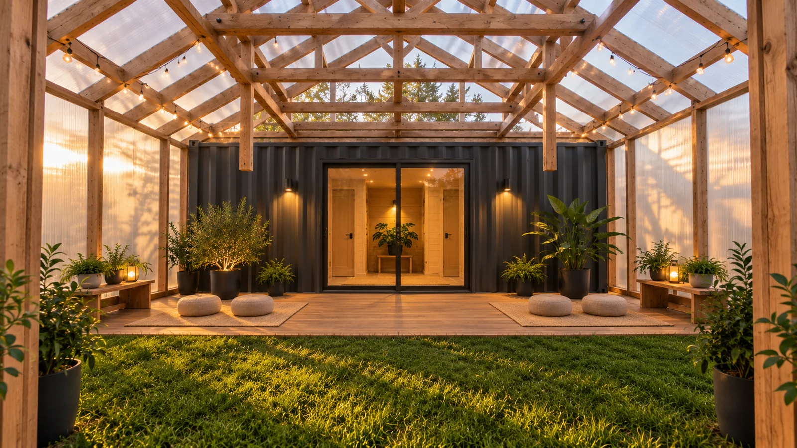 Med Bee Tate greenhouse concept with grass meeting wood flooring and patio doors into a sea-can vestibule